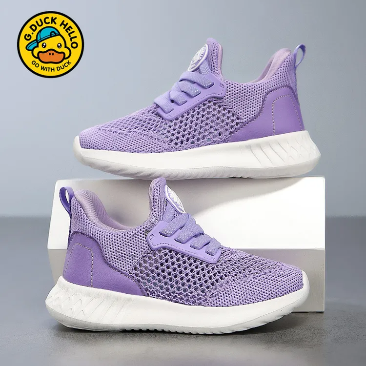 小黄鸭女童一脚蹬2025夏季飞织运动鞋网面透气跑步鞋轻便儿童鞋子