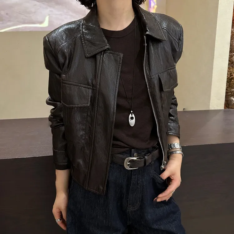 小众设计感翻领短款皮衣外套女2025春秋新款宽松显瘦夹克开衫上衣