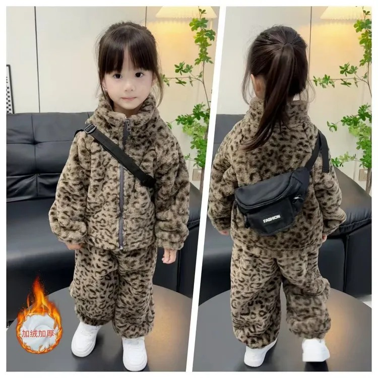 【加厚加绒】男女童豹纹休闲韩版冬季保暖仿兔毛休闲套装一件过冬