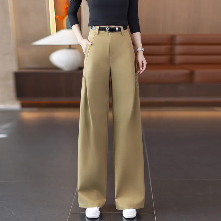 爆款卡其色天丝西装阔腿风琴裤女2025春秋新款宽松显瘦时尚直筒裤
