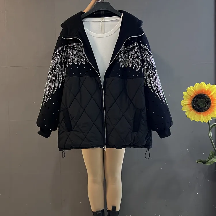 欧货新款重工烫钻连帽拼接宽松遮肚中长款加厚外套