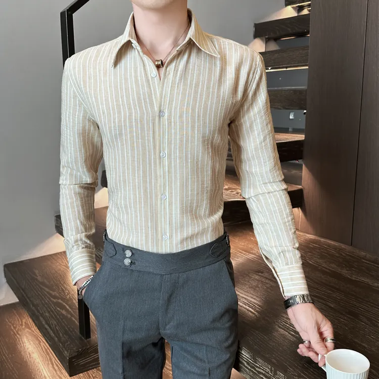 秋季2025新款爆款大领条纹长袖衬衫男装高级感休闲痞帅男网红衬衣