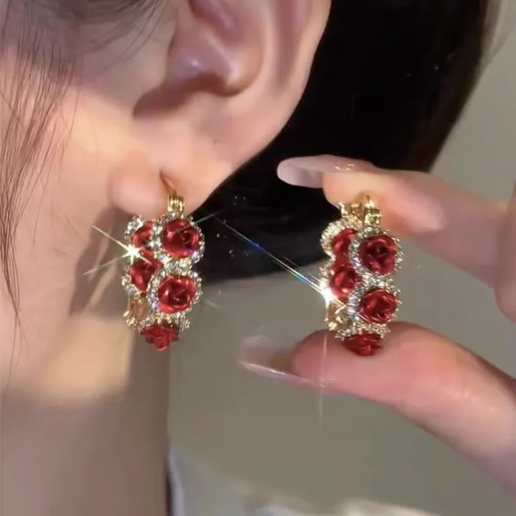 复古时尚红色玫瑰花耳扣气质耳环设计感日常百搭耳圈轻奢耳饰