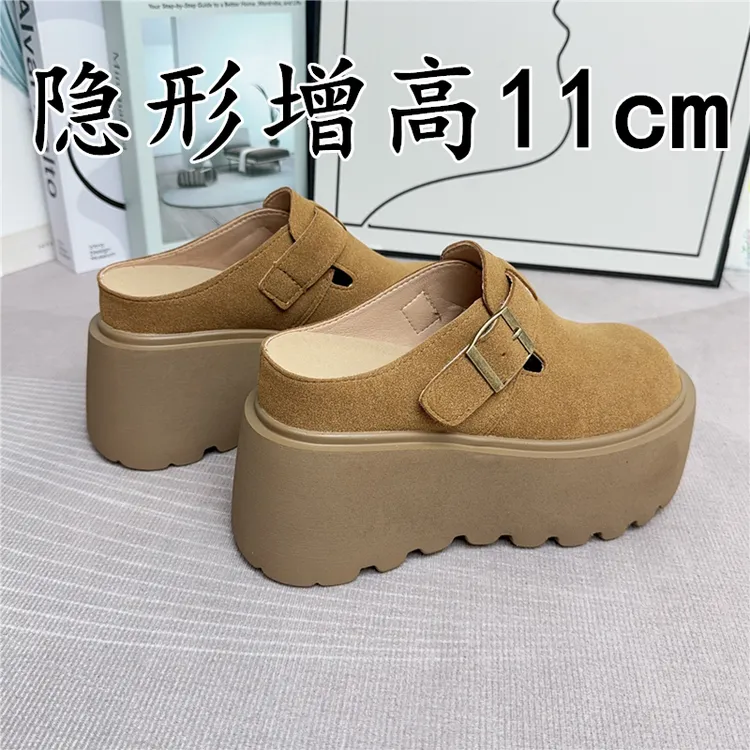 内增高11cm包头半拖鞋秋冬加绒松糕增高10-12厘米女鞋厚底网红
