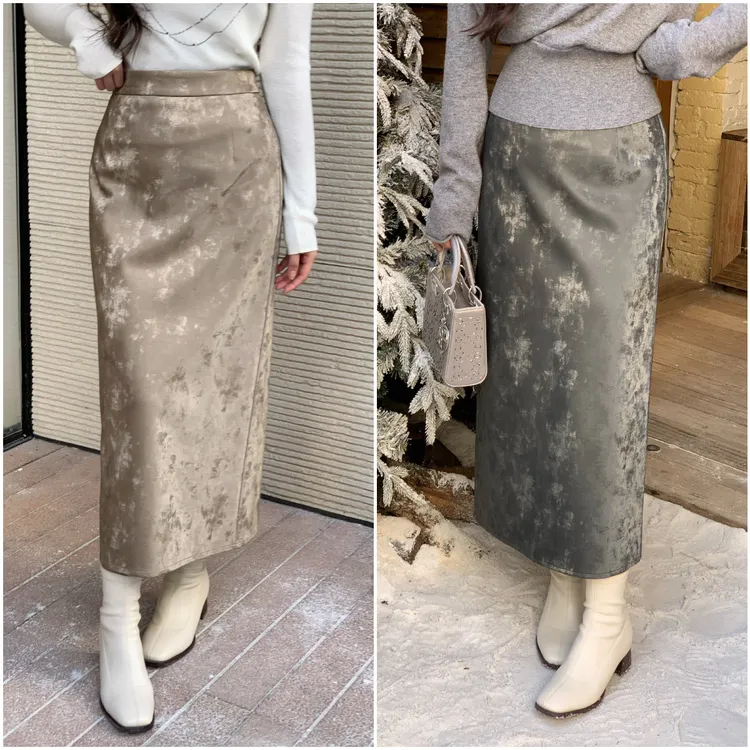 李潇洒 微胖大码秋冬晕染暗纹高级灰调温柔感高腰直筒百搭皮裙
