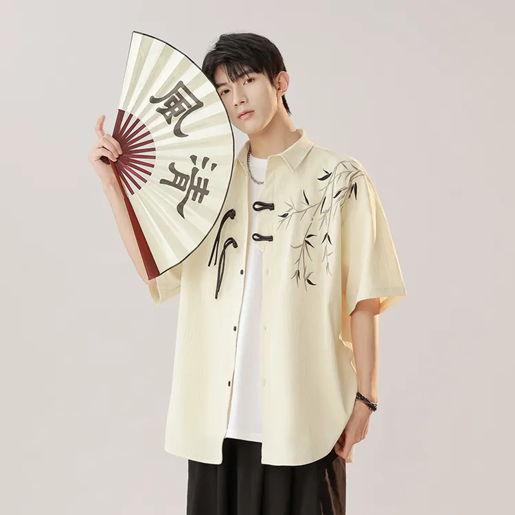 稻草人新中式订婚套装领证短袖衬衫男黑色国风衬衣翠竹刺绣汉服