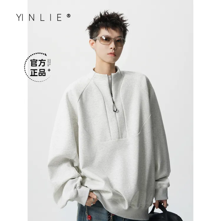 立领半拉链卫衣男秋冬潮牌廓形短款衣服美式重磅宽松cleanfit外套