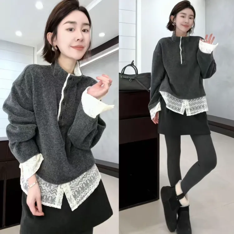 【现货】2025冬款 极简百搭蕾丝拼接下摆半高领卫衣 2511C8433