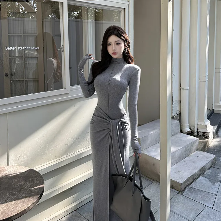 INSTUNNING姐感高领修身绑带连衣裙秋冬加绒打底裙显瘦包臀长裙