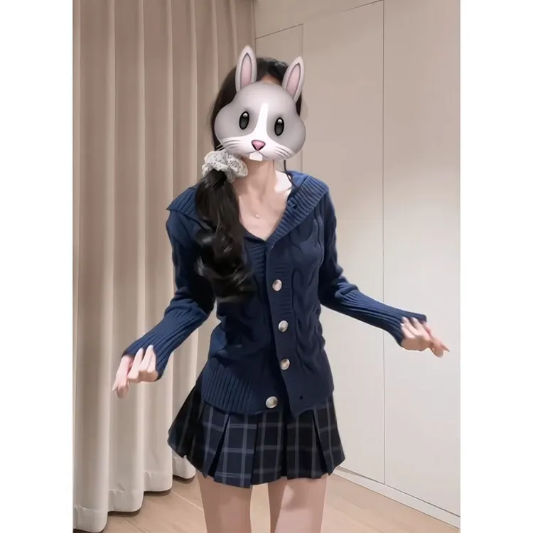 2025早秋新款女韩系穿搭修身翻领长袖毛衣开衫气质高腰百褶半身裙