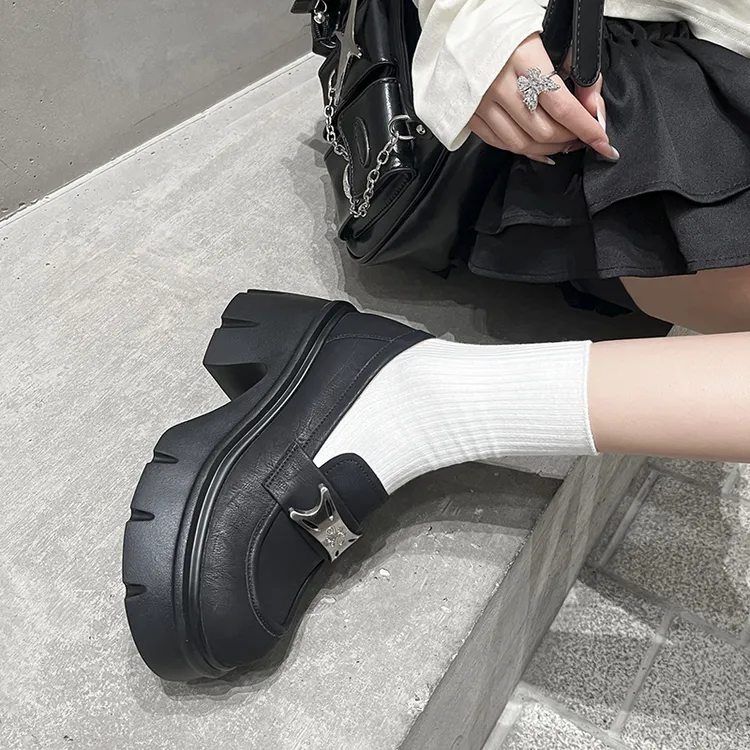 小个子增高7cm~高跟乐福鞋英伦风小皮鞋JK鞋厚底深口单鞋真皮女鞋