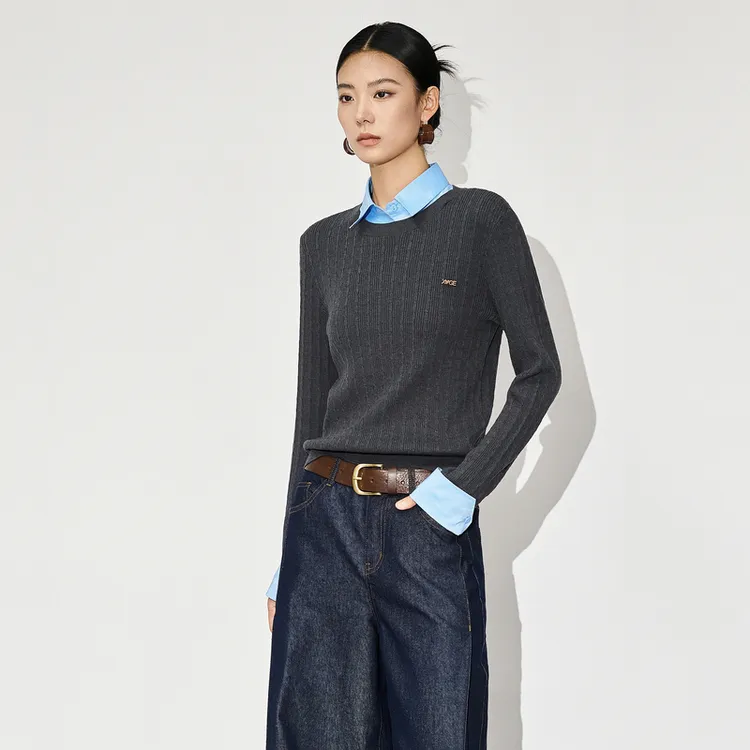 XG雪歌长袖套头毛针织衫休闲撞色