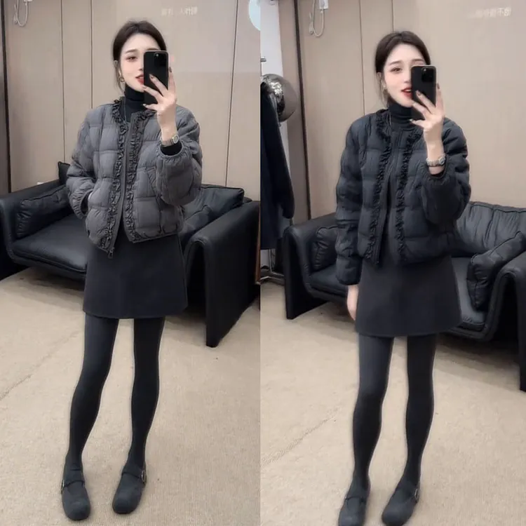 冬季搭配一整套女装2025新款韩版木耳边棉服外套高腰短裙三件套潮