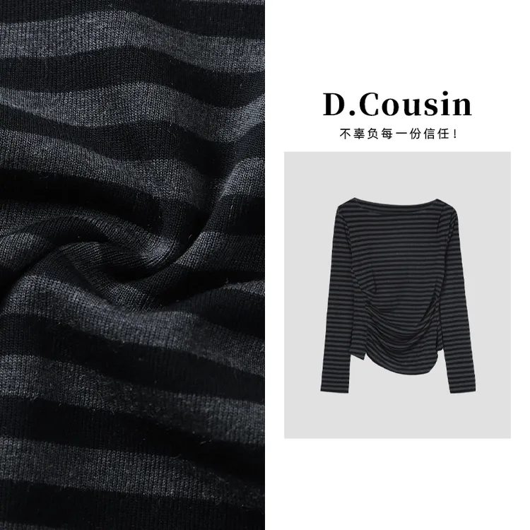 D.cousin 小众撞色条纹收腰长袖T恤女韩系新款斜肩上衣 7199