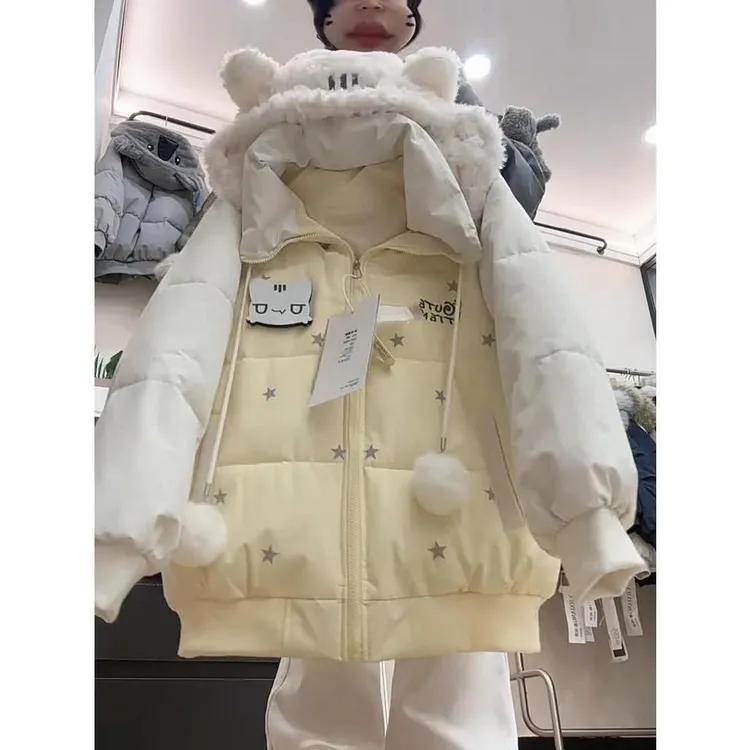 15初中生女冬装学生少女百搭猫咪魔术贴撞色棉服外套面包服13岁14