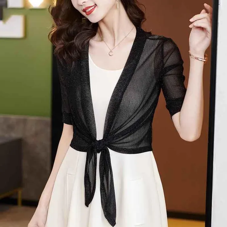 冰丝网纱防晒衣女开衫薄款夏季配吊带裙外搭罩衫系带小披肩短外套