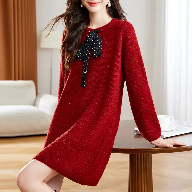 法式小香风红色毛衣裙女秋冬2026新款洋气妈妈内搭配大衣的连衣裙