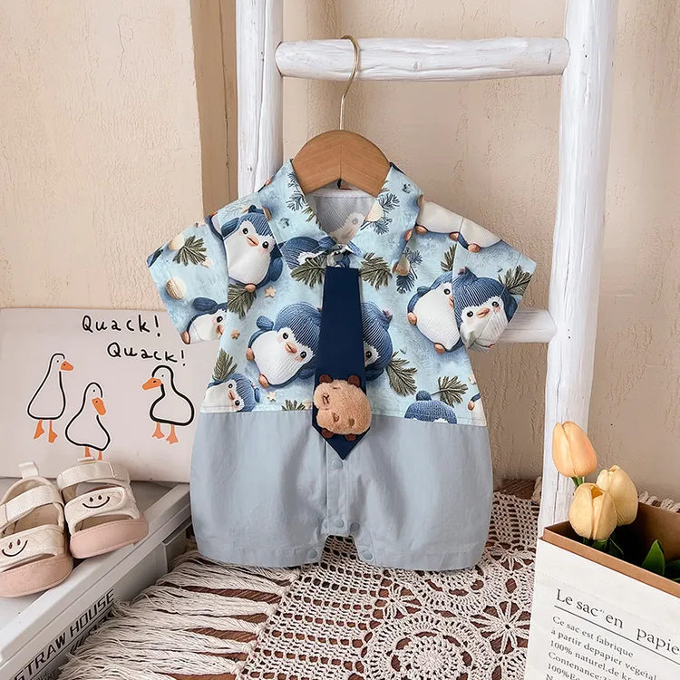 婴儿夏季新款连体衣新生儿男女宝夏装薄款哈衣超萌企鹅外出服爬服