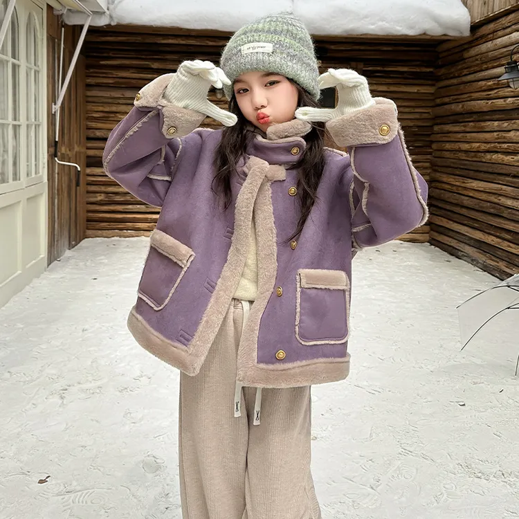 女童皮毛一体外套秋冬装2025新款中大儿童洋气加绒加厚鹿皮绒棉衣