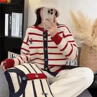 6091撞色复古条纹开衫毛衣外套女秋冬季卡通韩系针织衫上衣