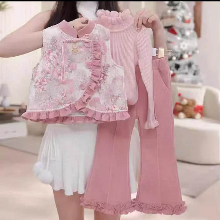 2025新款秋冬女童粉色时髦洋气宝宝冬款衣宝宝加厚套装