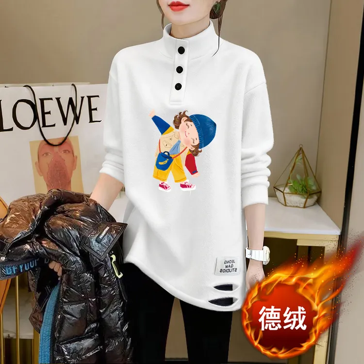 秋冬季小清新印花款长袖t恤中长款显瘦上衣半高领德绒保暧打底衫