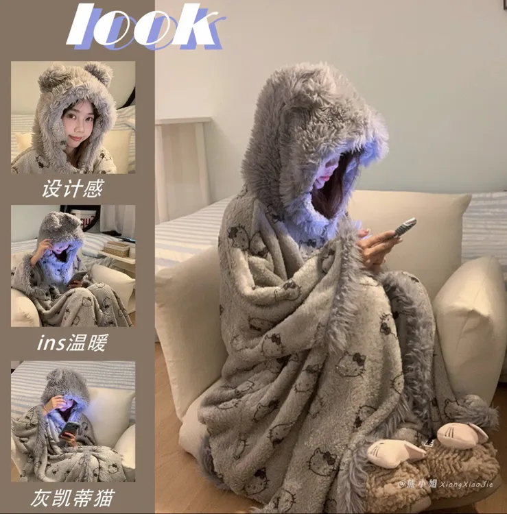 睡衣女春秋凯蒂猫斗篷睡袍学生连帽加厚毛绒卡通珊瑚绒加绒家居服