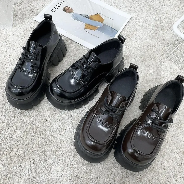 2024春夏新款松糕厚底真皮百搭粗跟单鞋乐福鞋底厚6cm复古英伦风