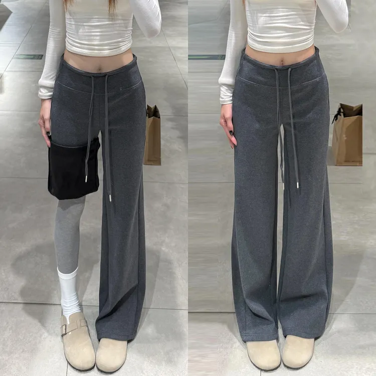 灰色窄版lulu卫裤女秋冬季抽绳休闲直筒裤高腰垂感加绒运动阔腿裤