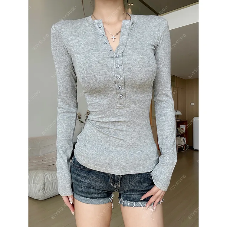 【部分现】2025春季新款灰色排扣纽扣长袖T恤女修身显瘦上衣250050