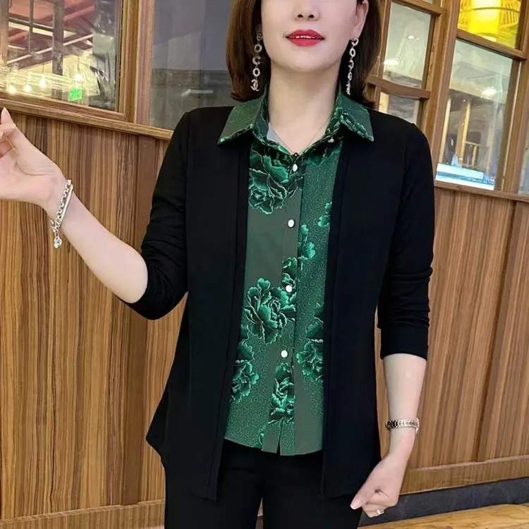 春秋新款高档假两件衬衫长袖女妈妈装拼接印花开衫