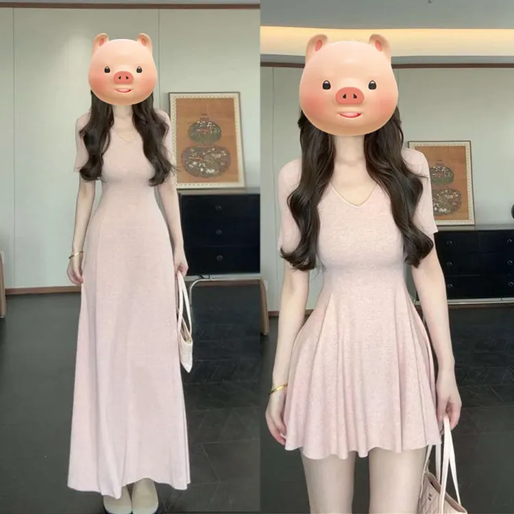 温柔风法式粉色v领连衣裙子女夏气质绝美收腰短裙清仓2379