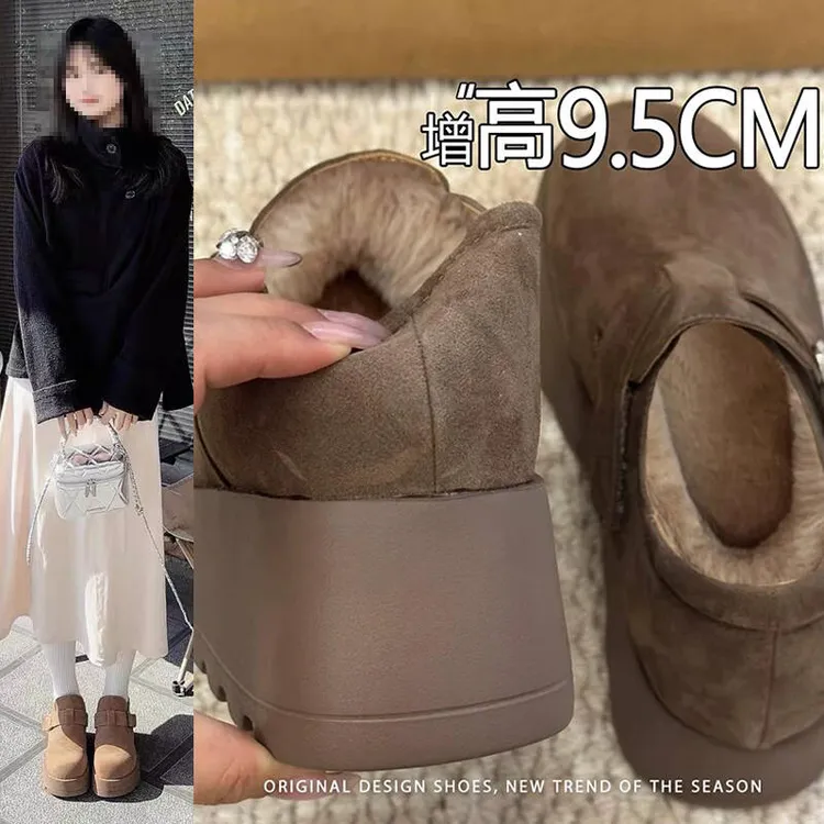 10cm内增高厚底松糕加绒勃肯鞋女2025秋冬季新款一脚蹬高跟乐福鞋