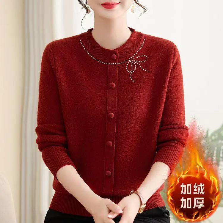 中年妈妈冬装加绒毛衣针织保暖打底衫中老年女装秋冬保暖加厚上衣