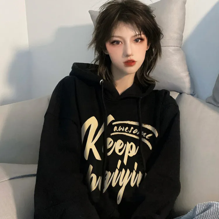 套头薄款 连帽印花黑色卫衣女秋季宽松套头外套女装外贸eBay