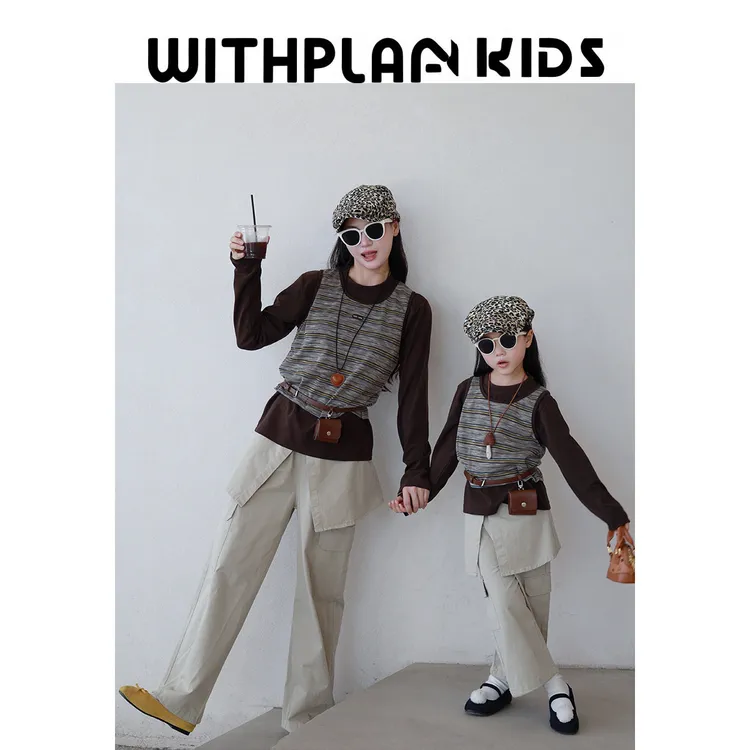 2025秋装新款韩系时尚高端洋气条纹背心棉休闲长裤母子装亲子装