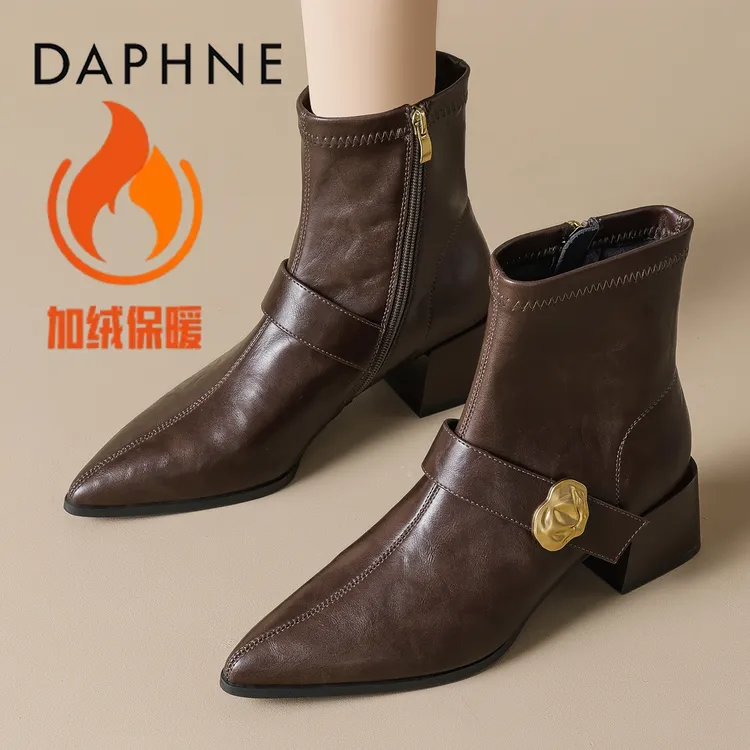 达芙妮游牧诗人风棕色尖头马丁靴女2025新款美拉德加绒短筒时装靴