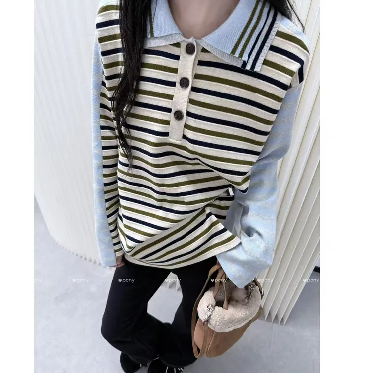 PCNY不理理“彩领条纹”进口美利奴羊毛撞色休闲百搭套头POLO衫