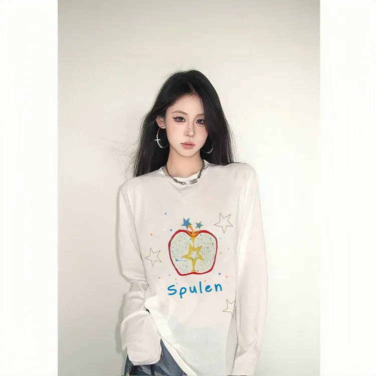 YWBY春秋新款休闲百搭圆领长袖t恤舒适宽松韩系ins风设计感开衫