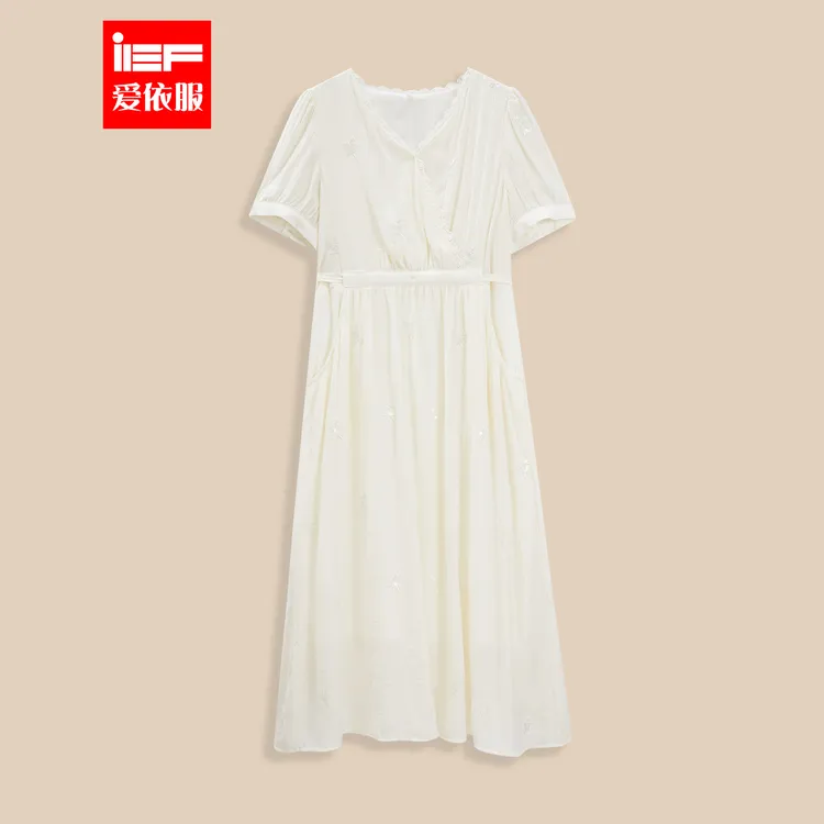 IEF/爱依服2025新款夏季冰感冰丝连衣长裙欧若白月光风收腰裙子