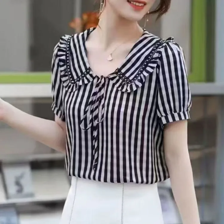 娃娃领女洋气格子短袖衬衫宽松薄款时尚上衣2025夏季新款显瘦翻领