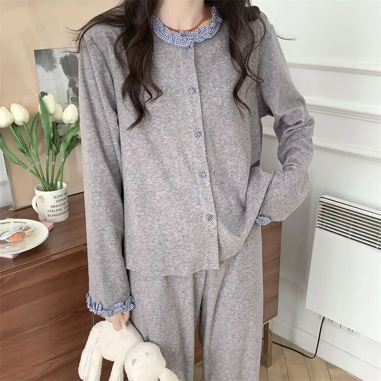 韩系软糯甜美撞色拼接德绒长袖睡衣女秋冬季开衫长裤家居服套装