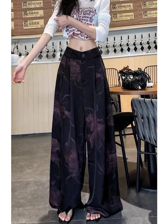 2025夏季薄款大码女装高腰印花休闲阔腿裤梨形身材显瘦宽松拖地裤