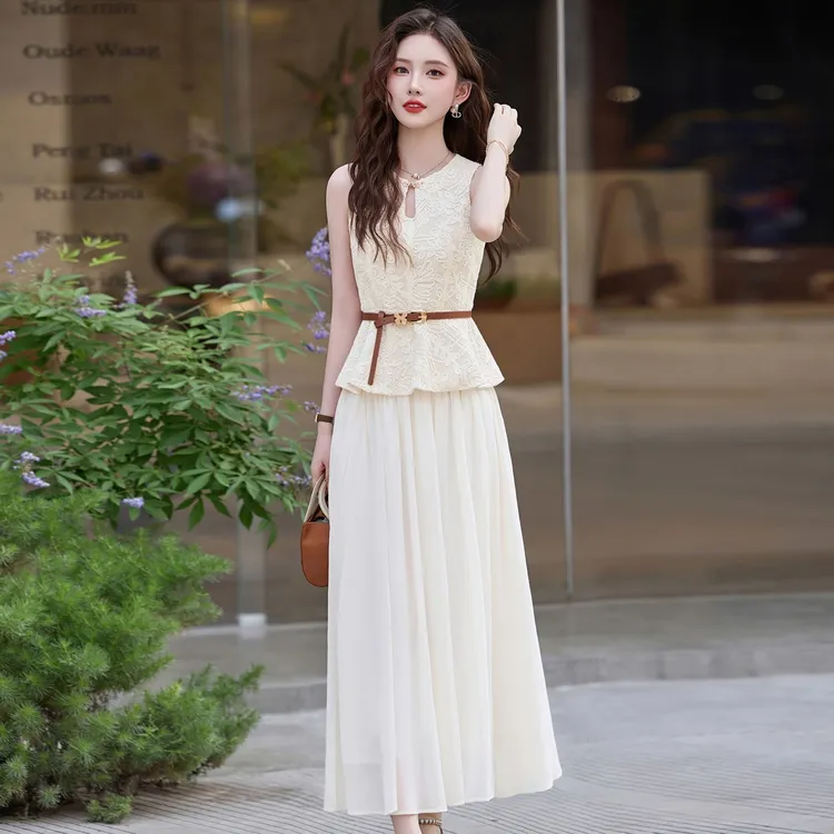 法式小香风套装裙女2025夏新款气质收腰无袖提花赫小女大学生套装