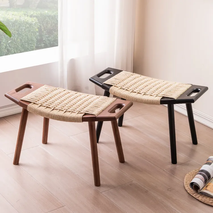 BEAUTIFU 2025新款中古风白蜡木绳编椅家用玄关小凳子入户换鞋凳