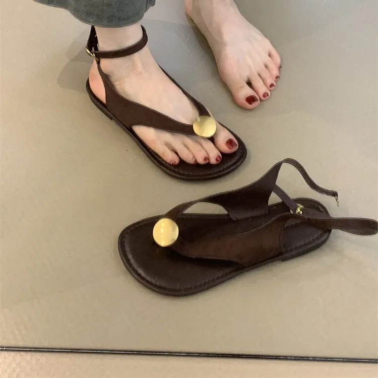 设计感小众凉鞋2025年夏季新款韩版复古金属扣夹趾交叉罗马凉鞋