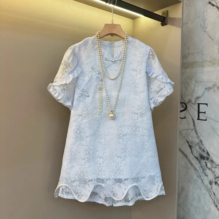 2025夏季新中式国风蕾丝波浪边镂空斜襟盘扣花苞袖短裤两件套7155