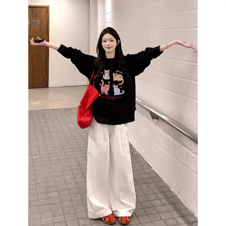 纯棉印花长袖t恤女2025早秋新款学生宽松慵懒风内搭打底衫上衣ins