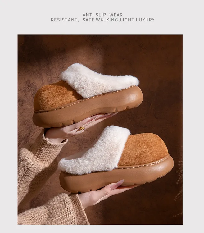【运费险】新款女秋冬时尚雪地毛毛拖鞋女增高厚底包跟加绒棉拖鞋