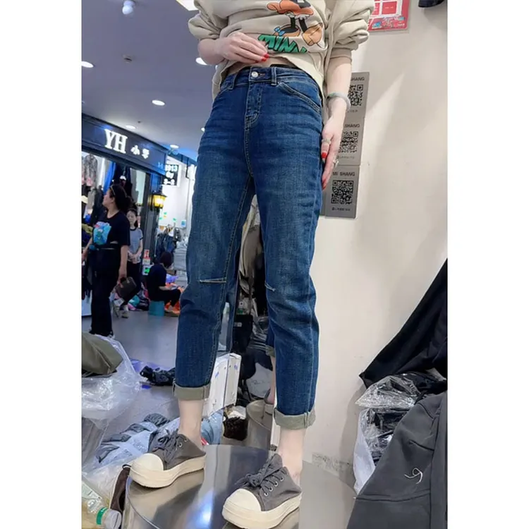大码小个子高腰弹力修身烟管小脚裤女2025秋季新款直筒牛仔铅笔裤